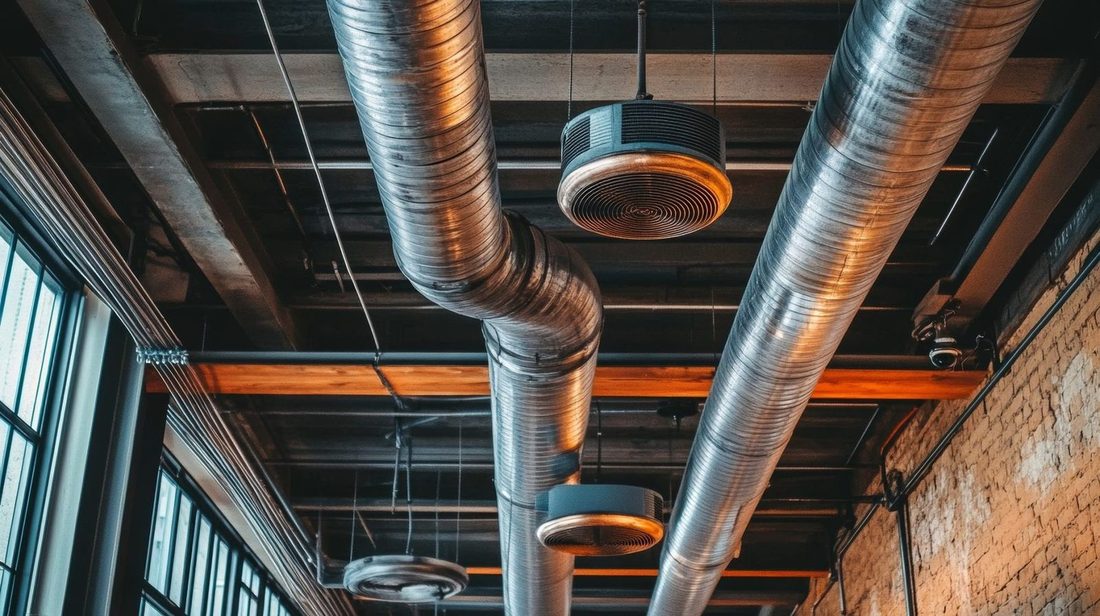 Exposed spiral HVAC ductwork and diffusers